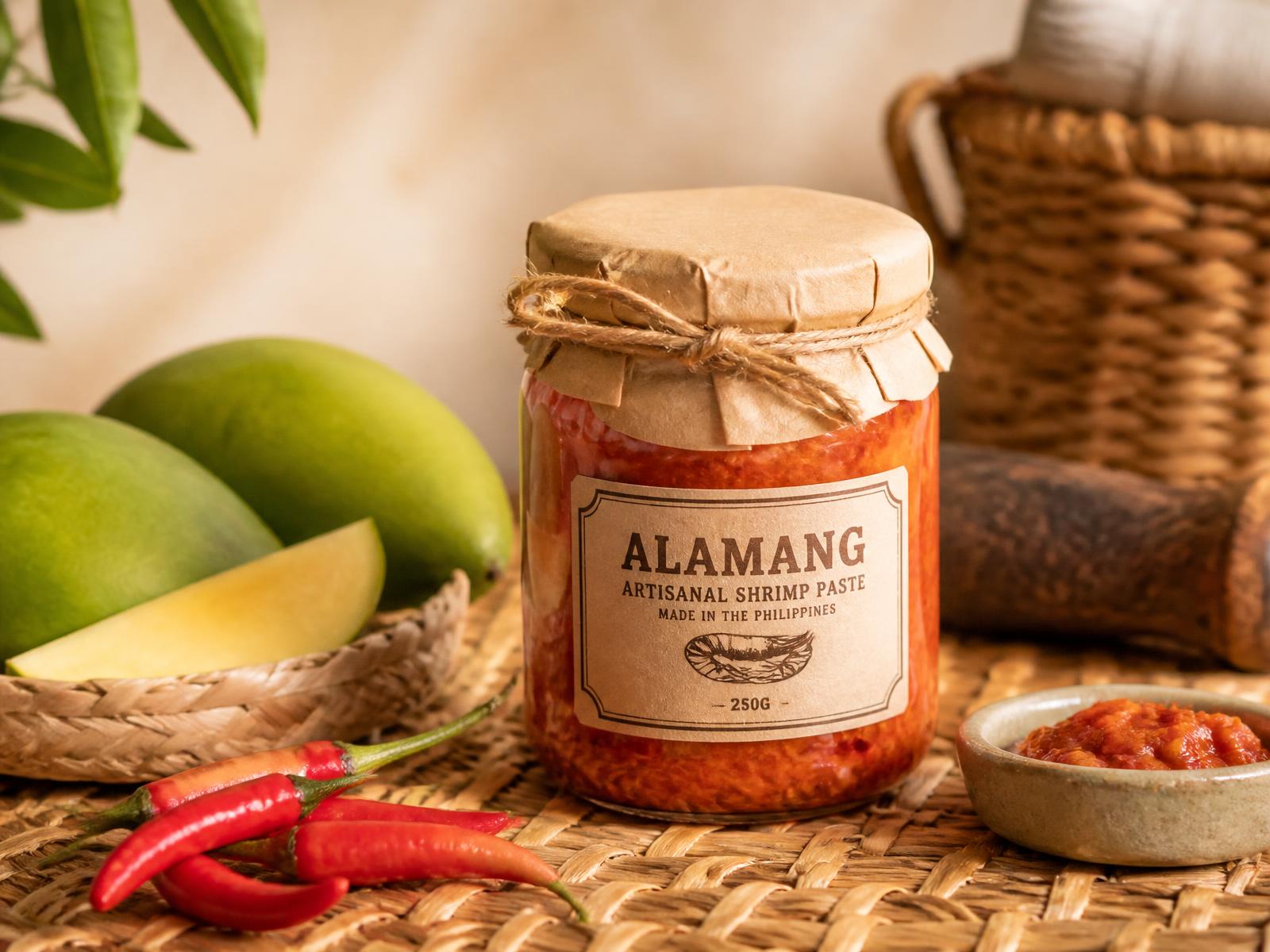Jar of Ateng's Alamang shrimp paste with green mangoes and chilies on woven matting